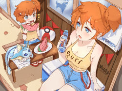 Rule 34 | 1girl, 2girls, arms up, asymmetrical hair, blue eyes, blush, bottle, breasts, creatures (company), food, fruit, game freak, gen 1 pokemon, highres, holding, holding bottle, legs, looking at another, medium breasts, midriff, misty (pokemon), multiple girls, navel, nintendo, orange hair, pokemon, pokemon (anime), pokemon (classic anime), ponytail, shirt, short hair, shorts, side ponytail, sleeveless, sleeveless shirt, smile, solo, suspenders, sweat, sweatdrop, thighs, vaporeon, water, water bottle, watermelon, wet