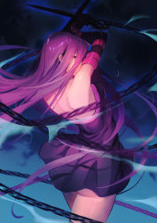 Rule 34 | 1girl, arms up, ass, backless dress, backless outfit, bare back, bare shoulders, breasts, chain, commentary request, dagger, doushimasho, dress, elbow gloves, eyes visible through hair, fate/stay night, fate (series), gloves, holding, holding dagger, holding knife, holding weapon, knife, long hair, looking at viewer, looking back, medium breasts, medusa (fate), medusa (rider) (fate), nameless dagger (fate), profile, purple dress, purple eyes, purple hair, short dress, shoulder blades, sleeveless, sleeveless dress, solo, square pupils, very long hair, weapon