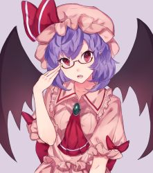 Rule 34 | 1girl, ascot, bad id, bad pixiv id, bat wings, bow, brooch, collar, commentary request, frilled hat, frilled shirt, frilled shirt collar, frilled sleeves, frills, glasses, hand on own face, hat, hat ribbon, highres, jewelry, looking at viewer, mob cap, open mouth, pink hat, pink shirt, pink skirt, pointy ears, puffy short sleeves, puffy sleeves, purple background, purple hair, red-framed eyewear, red bow, red eyes, red ribbon, remilia scarlet, ribbon, semi-rimless eyewear, shirt, short sleeves, skirt, solo, touhou, under-rim eyewear, upper body, wing collar, wings, yuusei tsukiro