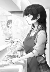 Rule 34 | 3girls, absurdres, apron, bow, braid, can, closed eyes, collared shirt, cooking, drink can, food, from side, greyscale, hair bow, hair ornament, hairclip, highres, higuchi kaede, hime cut, indoors, kettle, kitchen, monochrome, multiple girls, nijisanji, nissin cup noodle, people hitobito, pleated skirt, sausage, shirt, shizuka rin, skirt, sleeves rolled up, smile, soda can, steam, sweater vest, t-shirt, tsukino mito, virtual youtuber