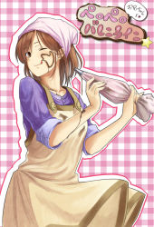 Rule 34 | 1girl, :q, ;q, apron, bad id, bad pixiv id, baking, brown eyes, brown hair, chocolate, cooking, cream, food, food on face, head scarf, highres, one eye closed, original, pastry bag, short hair, sleeves rolled up, solo, star (symbol), tongue, tongue out, wink, yoropa