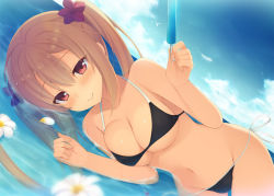 Rule 34 | 1girl, aotsu karin, arihara nanami, bad id, bad pixiv id, bare arms, bare shoulders, bikini, black bikini, blue sky, blurry, blurry foreground, blush, breasts, cleavage, closed mouth, cloud, cloudy sky, commentary request, day, depth of field, fingernails, flower, food, groin, hair between eyes, hair flower, hair ornament, holding, holding food, horizon, large breasts, light brown hair, long hair, lying, navel, ocean, on side, outdoors, popsicle, red eyes, red flower, riddle joker, side-tie bikini bottom, sky, smile, solo, swimsuit, twintails, very long hair, water, white flower
