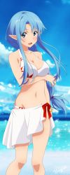 Rule 34 | 1girl, absurdres, arm under breasts, artist name, asuna (sao), asuna (sao-alo), benjoerres, blue eyes, blue hair, breasts, cleavage, cloud, cloudy sky, collarbone, commentary, day, english commentary, feet out of frame, hair ornament, highres, large breasts, long hair, looking at viewer, navel, ocean, outdoors, pointy ears, red ribbon, ribbon, sky, smile, solo, standing, swimsuit, sword art online, water