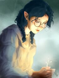 Rule 34 | 1girl, black hair, braid, dress, glasses, gown, green eyes, highres, levi art, light, long sleeves, magic, plant, pointy ears, portuguese commentary, solo, the owl house, twin braids, willow park
