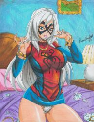 Rule 34 | 1girl, 2022, absurdres, black cat (marvel), blue eyes, blue shirt, bracelet, drawing (object), felicia hardy, highres, holding, indoors, insignia, jewelry, lamp, licking, long hair, marvel, mask, necklace, on bed, ravernclouk design, red shirt, room, seductive smile, shirt, smile, spider-man (series), spider web print, tongue, traditional media, underwear, watch, white hair