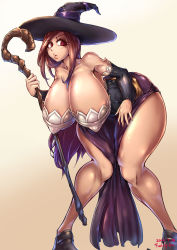 Rule 34 | 1girl, 2016, bare shoulders, breasts, brown hair, curvy, dated, dragon&#039;s crown, covered erect nipples, hanging breasts, huge breasts, long hair, mole, mole on breast, raised eyebrow, red eyes, redchicken, signature, solo, sorceress (dragon&#039;s crown), staff, thick thighs, thighs