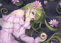 Rule 34 | 1girl, bare shoulders, chain, clock hands, commentary request, dress, eyelashes, flower, frilled sleeves, frills, gold chain, green eyes, green hair, hair flower, hair ornament, highres, holding, kazami yuuka, kazami yuuka (pc-98), long hair, long sleeves, looking at viewer, lotus, lying, off-shoulder dress, off shoulder, on side, pink dress, pink flower, pocket watch, ripples, roman numeral, shironeko yuuki, sidelocks, sleepwear, solo, swept bangs, touhou, touhou (pc-98), watch, water