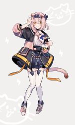 Rule 34 | 1girl, animal ears, arknights, black bow, black hairband, black jacket, black skirt, blue bow, bow, braid, cat ears, cat girl, cat tail, floppy ears, full body, garter straps, goldenglow (arknights), grey background, hair bow, hairband, hands up, high-waist skirt, highres, hishoti cheese, id card, jacket, lanyard, lightning bolt print, long sleeves, multicolored clothes, multicolored jacket, open clothes, open jacket, orange eyes, paw pose, pink footwear, pink hair, pink jacket, print bow, print hairband, scissors, shirt, shirt tucked in, shoes, simple background, skirt, solo, standing, tail, thighhighs, two-tone jacket, white shirt, white thighhighs