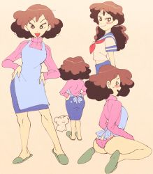 Rule 34 | 1girl, aged down, apron, ass, blouse, blush, brown hair, crayon shin-chan, curly hair, from above, from behind, hands on own hips, highres, inkerton-kun, looking back, mature female, medium hair, multiple views, nohara misae, open mouth, panties, sailor collar, school uniform, serafuku, shirt, skirt, slippers, smile, sweatdrop, sweater, tan background, turtleneck, turtleneck sweater, twintails, underwear, white shirt