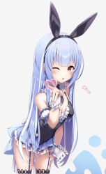 Rule 34 | 1girl, absurdres, animal ears, black hairband, black leotard, black necktie, blowing kiss, blue skirt, breasts, cleavage, cowboy shot, detached collar, fake animal ears, garter straps, grey background, grey hair, hairband, hand on lap, highres, hololive, kiss, layered skirt, leaning forward, leotard, long hair, looking at viewer, medium breasts, microskirt, multicolored clothes, multicolored skirt, necktie, one eye closed, open mouth, orange eyes, playboy bunny, rabbit ears, rabbit tail, short necktie, skirt, solo, standing, tail, thighhighs, tousaki (tousakiworks), usada pekora, usada pekora (furi furi bunny dress), very long hair, virtual youtuber, white skirt, wrist cuffs