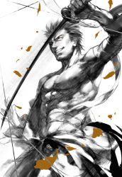 Rule 34 | 1boy, bandages, bandaged arm, bandages, bare shoulders, from below, gintama, glowing, glowing eyes, grin, hakama, hakama skirt, hangleing, holding, holding sword, holding weapon, japanese clothes, katana, kondou isao, looking at viewer, male focus, monochrome, motion blur, red eyes, topless male, simple background, skirt, smile, solo, spiked hair, spot color, sword, weapon, white background
