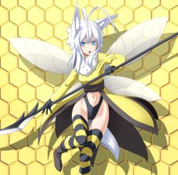Rule 34 | 1girl, animal ears, antenna hair, arthropod girl, bee girl, blade, blue eyes, boots, gloves, honeycomb, honeycomb (pattern), honeycomb background, honeycomb pattern, insect girl, kentairui, long hair, mitsuha (kenntairui), mitsuha (kentairui), monster girl, navel, original, polearm, solo, spear, striped clothes, striped thighhighs, tail, thigh gap, thighhighs, thighs, weapon, white hair, wings, wolf ears, wolf tail, yellow background