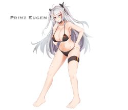 Rule 34 | 1girl, absurdres, azur lane, bare legs, bare shoulders, barefoot, bikini, black bikini, black choker, black ribbon, breasts, choker, cleavage, collarbone, finger to mouth, flag print, full body, german flag bikini, hair between eyes, hair ribbon, hand on own hip, highres, j yak47, large breasts, long hair, looking at viewer, multicolored hair, navel, orange eyes, prinz eugen (azur lane), prinz eugen (unfading smile) (azur lane), red hair, ribbon, silver hair, simple background, solo, standing, stomach, streaked hair, swimsuit, thigh strap, two-tone hair, two side up, very long hair, white background