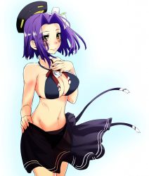 Rule 34 | 10s, 1girl, bad id, bad pixiv id, bare shoulders, blush, breasts, cleavage, female focus, gradient background, halo, hiiragi (jhug8877), kantai collection, large breasts, mechanical halo, navel, purple hair, short hair, smile, solo, swimsuit, tatsuta (kancolle)