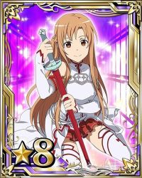 Rule 34 | 10s, 1girl, asuna (sao), brown eyes, brown hair, card (medium), detached sleeves, holding, holding sword, holding weapon, kneeling, long hair, looking at viewer, matching hair/eyes, pleated skirt, red skirt, skirt, smile, solo, star (symbol), sword, sword art online, thighhighs, weapon, white thighhighs