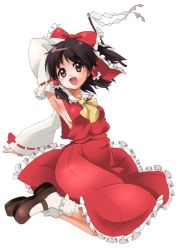 Rule 34 | 1girl, armpits, ascot, black hair, blush, bobby socks, bow, breasts, brown eyes, brown footwear, detached sleeves, female focus, frilled skirt, frills, full body, gohei, hair bow, hair tubes, hakurei reimu, looking at viewer, open mouth, red bow, red skirt, ribbon-trimmed sleeves, ribbon trim, shide, shoes, side ponytail, sideboob, simple background, skirt, skirt set, smile, socks, solo, touhou, vest, white background, white socks