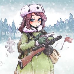 Rule 34 | 1girl, backpack, bag, blue eyes, blush, breath, cloud, cloudy sky, coat, commentary request, cowboy shot, doe774, flag, forest, fur hat, fur trim, gloves, green gloves, gun, handgun, hat, highres, holding, holding gun, holding weapon, long hair, long sleeves, looking at viewer, military, military uniform, nature, open mouth, original, outdoors, pistol, ppsh-41, red hair, sky, snow, snowing, solo, soviet flag, star (symbol), submachine gun, tombstone, tree, uniform, upper body, ushanka, weapon, winter, winter clothes