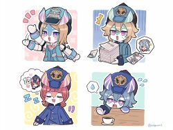 Rule 34 | &gt; o, 4girls, :d, ^^^, aeval (genshin impact), afterimage, animal ears, aqua background, aqua coat, aqua headwear, arm up, artist name, blue background, blue coat, blue headwear, blunt ends, blush, blush stickers, bow, bowtie, bright pupils, brown hair, buttons, closed eyes, coat, coffee, coffee mug, commentary request, crossed bangs, crying, cup, drooling, flying sweatdrops, genshin impact, grey hair, hair between eyes, hat, highres, imagining, kiara (genshin impact), long sleeves, medium hair, melusine (genshin impact), menthe (genshin impact), mkgnmk3, motion lines, mouth drool, mug, multiple girls, notice lines, one eye closed, open mouth, outline, paper, paper stack, parted bangs, peaked cap, pink background, pink bow, pink bowtie, pink hair, purple eyes, reaching, saucer, sedene (genshin impact), short hair, sigewinne (genshin impact), simple background, sleeve cuffs, smile, speech bubble, spoken sweatdrop, sticker, sweat, sweatdrop, swept bangs, tears, thought bubble, turn pale, twitter username, waving, wavy mouth, white background, white outline, white pupils, yellow background, zzz