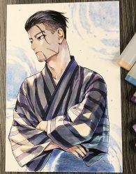 Rule 34 | 1boy, art tools in frame, black eyes, black hair, closed mouth, crossed arms, facial hair, facial scar, goatee, golden kamuy, hair strand, isa (peien516), japanese clothes, kimono, long sleeves, looking to the side, male focus, ogata hyakunosuke, scar, scar on cheek, scar on face, short hair, simple background, solo, tagme, upper body