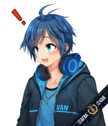 Rule 34 | !, 1boy, absurdres, afba, blue hair, blush, collarbone, commentary, commission, english commentary, english text, hair between eyes, headphones, headphones around neck, highres, hood, hood down, hoodie, jewelry, male focus, necklace, open mouth, original, raised eyebrows, short hair, short sleeves, simple background, surprised, teeth, virtual youtuber, white background