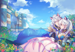 1boy 1girl animal_ears armor armored_dress blue_cape blue_sky breastplate breasts bridge cape cat_boy cat_ears cat_girl cleavage closed_mouth cloud commentary commission dress english_commentary extra_ears feet_out_of_frame field flower flower_field gate gauntlets grin large_breasts long_hair official_alternate_costume outdoors pauldrons pink_flower pink_skirt pointy_ears ragnarok_online royal_guard_(ragnarok_online) shisherry short_hair shoulder_armor shrug_(clothing) sitting skirt sky smile