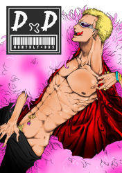 Rule 34 | 1boy, abs, blonde hair, donquixote doflamingo, earrings, jewelry, male focus, muscular, nipples, one piece, open clothes, open shirt, piercing, pubic hair, shirt, solo, sunglasses, tongue