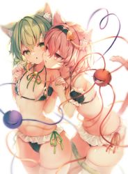 Rule 34 | 2girls, animal ear fluff, animal ears, bell, bikini, black hairband, blush, cat ears, cat tail, cheek-to-cheek, collarbone, commentary request, finger to another&#039;s cheek, frilled swimsuit, frills, green eyes, green hair, green nails, hairband, heads together, heart, heart of string, highres, holding hands, jingle bell, komeiji koishi, komeiji satori, multiple girls, nail polish, narrow waist, navel, open mouth, pink eyes, pink hair, sekisei (superego51), short hair, siblings, simple background, sisters, stomach, string bikini, swimsuit, tail, thighhighs, thighs, third eye, touhou, white background, white thighhighs