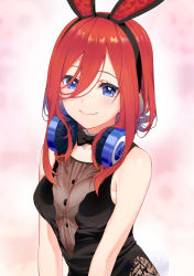 Rule 34 | 1girl, animal ears, bare shoulders, black bow, black bowtie, black hairband, blue eyes, blush, bow, bowtie, bra, breasts, cleavage, closed mouth, commentary request, detached collar, fake animal ears, ganko-chan (shashaneko123), go-toubun no hanayome, hair between eyes, hairband, headphones, headphones around neck, highres, long hair, looking at viewer, medium breasts, nakano miku, pink background, rabbit ears, red hair, see-through, sidelocks, sleeveless, smile, solo, two-tone background, underwear, upper body, white bra