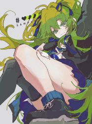 Rule 34 | 1girl, black footwear, black gloves, black jacket, black thighhighs, blue bow, blue skirt, bow, commentary request, fingerless gloves, from below, gloves, green hair, grey background, hair bow, hand on own chest, highres, jacket, long hair, looking at viewer, miniskirt, original, orniflop, pleated skirt, sample watermark, shoes, simple background, single thighhigh, skirt, smile, solo, thighhighs, twintails, very long hair, watermark