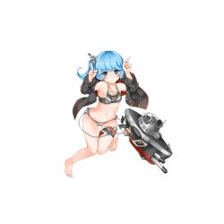 Rule 34 | 15k, 1girl, bare legs, barefoot, bikini, black jacket, blue eyes, blue hair, blush, blush stickers, buttons, cannon, collarbone, cross, eyebrows, female focus, full body, grin, iron cross, jacket, jewelry, machinery, matching hair/eyes, navel, necklace, official art, open clothes, open jacket, remodel (warship girls r), side ponytail, smile, solo, submarine, swimsuit, thigh strap, torpedo, transparent background, u47 (warship girls r), warship girls r, watercraft