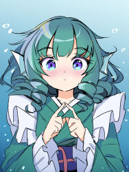 Rule 34 | 1girl, blue background, blue eyes, blue hair, blush, breasts, closed mouth, drill hair, fins, green kimono, harakune (mugennero), head fins, highres, index fingers together, japanese clothes, kimono, large breasts, long hair, long sleeves, looking at viewer, nose blush, obi, parted lips, sash, solo, touhou, underwater, upper body, wakasagihime