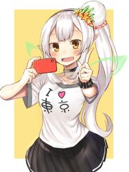 Rule 34 | 1girl, :d, black choker, black scrunchie, black skirt, blush, brown eyes, cellphone, choker, clothes writing, collarbone, elf, elu (nijisanji), fairy wings, flower, hair flower, hair ornament, highres, holding, holding phone, i heart..., index finger raised, long hair, looking at viewer, moti yousei, nijisanji, open mouth, orange flower, phone, pleated skirt, pointy ears, scrunchie, shirt, short sleeves, side ponytail, silver hair, skirt, smile, solo, transparent wings, two-tone background, very long hair, virtual youtuber, white background, white shirt, wings, wrist scrunchie, yellow background