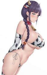 Rule 34 | 1girl, absurdres, animal ears, animal print, arms behind back, bell, bikini, bleach, blush, braid, braided ponytail, breasts, collar, cow ears, cow girl, cow horns, cow print, cow print bikini, cowbell, elbow gloves, from side, gloves, green eyes, hair over shoulder, highres, horns, kurotsuchi nemu, large breasts, long hair, navel, neck bell, parted lips, print bikini, purple hair, red collar, side-tie bikini bottom, sideboob, simple background, skindentation, solo, strap gap, swimsuit, thighhighs, white background, yakimi 27