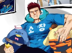 Rule 34 | 1boy, alternate costume, bara, blue shirt, boiled heroes, boku no hero academia, character doll, character request, clothes writing, endeavor (boku no hero academia), facial hair, feet out of frame, from below, frown, highres, holding, holding stuffed toy, large pectorals, looking at viewer, male focus, mature male, merchandise, muscular, muscular male, pectorals, poster (object), scar, scar across eye, shirt, short hair, sideburns, solo, spiked hair, stubble, stuffed toy, todoroki shouto