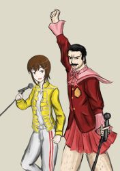 Rule 34 | 1boy, 1girl, androgynous, bare legs, black hair, brown hair, cosplay, costume switch, crossdressing, crossover, drawfag, facial hair, freddie mercury, freddie mercury&#039;s rage pose (meme), freddie mercury (cosplay), hair ornament, hairclip, hairy legs, highres, jacket, kami nomi zo shiru sekai, kosaka chihiro, manly, meme, microphone, microphone stand, mustache, open clothes, open jacket, pants, queen (band), reverse trap, school uniform, simple background, trap