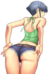 Rule 34 | 1boy, androgynous, ass, back, bad id, bad pixiv id, bare shoulders, belt, blue hair, bulge, commentary request, cutoffs, denim, denim shorts, from behind, from below, gluteal fold, green eyes, halterneck, hands on own hips, looking back, male focus, micro shorts, midriff, nape, original, short hair, short shorts, shorts, shoulder blades, sidelocks, simple background, solo, spaghetti strap, thigh gap, thighs, trap, wadani hitonori, white background
