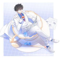 Rule 34 | 1boy, black hair, blue shirt, blue socks, cang cheng, cape, collared shirt, crossed legs, cup, holding, holding cup, jacket, kaitou kid, male focus, meitantei conan, mini person, miniboy, monocle, necktie, newspaper, outside border, pants, reading, red necktie, shirt, shoes, short hair, sitting, socks, spoon, teacup, white cape, white footwear, white jacket, white pants