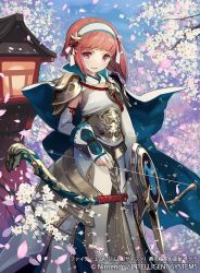 Rule 34 | 1girl, arm shield, armor, armored skirt, arrow (projectile), breastplate, capelet, cherry blossoms, elbow gloves, fingerless gloves, fire emblem, fire emblem cipher, fire emblem fates, gloves, hair ornament, hairband, japanese armor, japanese clothes, kawasumi mahiro, nintendo, outdoors, pink eyes, pink hair, sakura (fire emblem), shoulder armor, smile, yumi (bow)