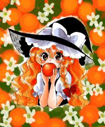 Rule 34 | 1girl, black dress, black hat, blonde hair, blush, bow, braid, commentary request, covering own mouth, dress, eyes visible through hair, floral background, food, fruit, hair bow, hat, hat bow, highres, holding, holding food, holding fruit, kirisame marisa, komaku juushoku, long hair, orange (fruit), red ribbon, ribbon, shirt, short sleeves, side braid, single braid, solo, touhou, wavy hair, white bow, white shirt, witch hat