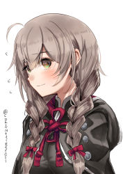 Rule 34 | 1girl, black capelet, black dress, blush, braid, breasts, brown eyes, brown hair, capelet, closed mouth, dress, hair ribbon, highres, hood, hooded capelet, kantai collection, large breasts, long hair, long sleeves, one-hour drawing challenge, open mouth, red ribbon, ribbon, shinshuu maru (kancolle), simple background, solo, twin braids, white background, zombie mogura