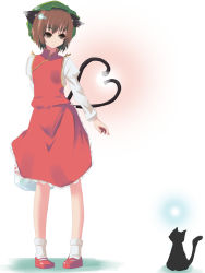 Rule 34 | 1girl, animal ears, bad id, bad pixiv id, brown eyes, brown hair, cat, cat ears, cat tail, chen, china dress, chinese clothes, dress, earrings, female focus, full body, gradient background, hat, heart, heart tail, jewelry, muranisaki, short hair, solo, tail, touhou, white background