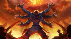 Rule 34 | 1boy, arms up, asura&#039;s wrath, asura (asura&#039;s wrath), back, capcom, cloud, come at me bro, comet, cyber connect 2, epic, extra arms, facing away, from behind, glowing, glowing eyes, highres, male focus, manly, meteor, monster boy, multi arm, multi limb, official art, outdoors, outstretched arms, pants, pointing, red sky, topless male, short hair, sky, solo, standing, white eyes, white hair, wide stance