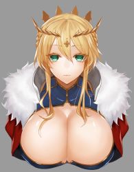 Rule 34 | 1girl, ahoge, apt, artoria pendragon (fate), artoria pendragon (lancer) (fate), blonde hair, braid, breasts, cleavage, closed mouth, commentary request, crown, expressionless, fate/grand order, fate (series), french braid, fur trim, green eyes, hair between eyes, highres, huge breasts, looking at viewer, sidelocks, upper body
