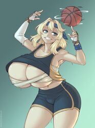 Rule 34 | 1girl, armpits, asymmetrical gloves, ball, basketball, basketball jersey, basketball uniform, black gloves, black shorts, blonde hair, breasts, bridget (guilty gear), budget sarashi, cleavage, curvy, elbow gloves, fingerless gloves, genderswap, genderswap (mtf), gigantic breasts, gloves, green background, green eyes, grin, guilty gear, guilty gear strive, highres, holding, holding ball, kittenboogers, looking to the side, medium hair, navel, sarashi, shorts, simple background, smile, solo, sportswear, sweatband, two-tone gloves, white gloves