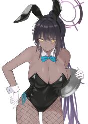 Rule 34 | 1girl, absurdres, animal ears, aqua bow, aqua bowtie, black hair, black leotard, blue archive, blush, bow, bowtie, breasts, cleavage, collarbone, dark-skinned female, dark skin, detached collar, fake animal ears, fishnet pantyhose, fishnets, gloves, gradient hair, halo, highres, holding, holding tray, karin (blue archive), karin (bunny) (blue archive), large breasts, leotard, light frown, looking at viewer, multicolored hair, neko hiiragi, official alternate costume, pantyhose, playboy bunny, ponytail, purple hair, rabbit ears, simple background, solo, strapless, strapless leotard, tray, white background, white gloves