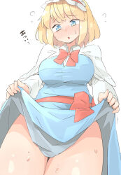 Rule 34 | 1girl, ?, alice margatroid, arnest, blonde hair, blue dress, blue eyes, blush, breasts, clothes lift, dress, hairband, highres, large breasts, lolita hairband, open mouth, short hair, skirt, skirt lift, solo, sweat, sweatdrop, touhou, translation request, white background