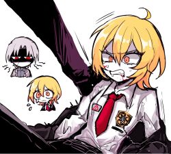 Rule 34 | 1boy, 1girl, ahoge, badge, black jacket, black pants, blonde hair, blood, blood from mouth, blood on face, breasts, clenched teeth, closed mouth, collared shirt, colored skin, commentary request, don quixote (project moon), grey hair, grey shirt, hair between eyes, hatosabure, highres, jacket, limbus company, long sleeves, motion lines, necktie, orange eyes, pain, pants, parted bangs, project moon, red eyes, shaded face, shirt, small breasts, spoilers, stomping, sweat, teardrop, teeth, vergilius (project moon), wavy mouth, white background, white shirt, white skin