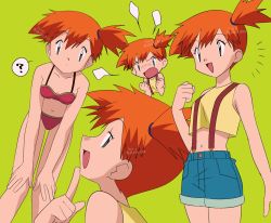 Rule 34 | 00s, 1990s (style), 1girl, 2000s (style), asymmetrical hair, bikini, blush, breasts, creatures (company), game freak, gen 1 pokemon, green eyes, holding, knhrpnkt, looking at viewer, medium breasts, midriff, misty (pokemon), navel, nintendo, open mouth, orange hair, pokemon, pokemon (anime), pokemon (classic anime), pokemon ep018, ponytail, red bikini, retro artstyle, shirt, short hair, shorts, side ponytail, sleeveless, sleeveless shirt, solo, suspenders, swimsuit, underboob