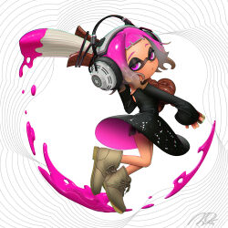 1girl :/ arm_up black_dress black_shorts brown_footwear chromatic_aberration closed_mouth commentary dark-skinned_female dark_skin dolphin_shorts dress expressionless full_body half-closed_eyes headphones highres holding holding_weapon inkling inkling_girl inkling_player_character long_sleeves looking_at_viewer looking_back nintendo octobrush_(splatoon) pink_eyes pink_hair puchiman short_hair shorts shorts_under_dress signature solo splatoon_(series) symbol-only_commentary tentacle_hair weapon white_background