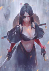 Rule 34 | animal, artist name, bare shoulders, bell, black gloves, black pants, breasts, brown hat, cat, cleavage, closed mouth, collarbone, eyepatch, facepaint, gloves, guweiz, hair ornament, hair stick, hat, holding, holding behind back, holding smoking pipe, holding sword, holding weapon, jewelry, katana, large breasts, long hair, looking at viewer, navel, necklace, one eye covered, original, pants, pointy ears, purple eyes, rain, red lips, sheath, sheathed, silhouette, smoking pipe, solo, stomach, sword, unsheathed, unworn hat, unworn headwear, water, watermark, weapon, web address